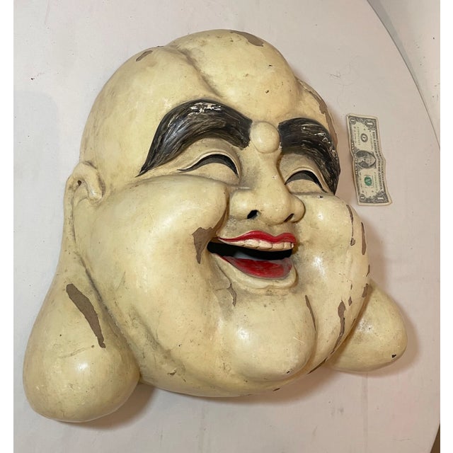 Chinese Huge Rare Antique Hand Carved Wood Chinese Hotei God Mask Wall Sculpture Face For Sale - Image 3 of 10