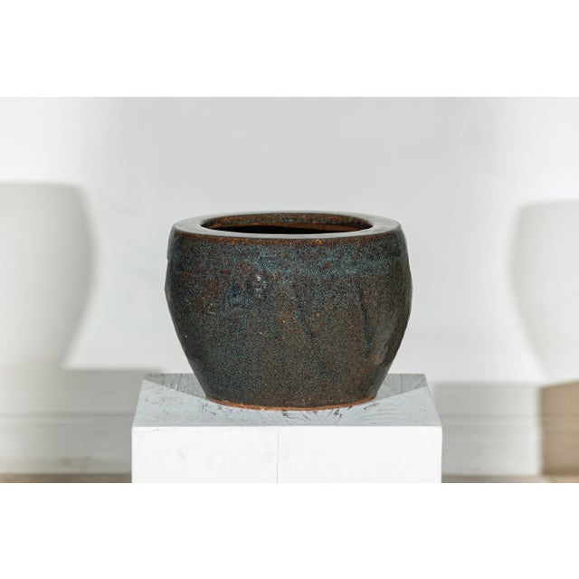 Vintage Chinese Brown and Blue Speckled Planter with Wide Opening For Sale - Image 13 of 18
