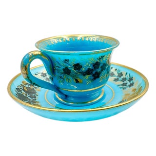Charles X Turquoise Blue Opal Saucer and Underplate Decorated with Painted Flowers and Gold Trim, 1830, Set of 2 For Sale