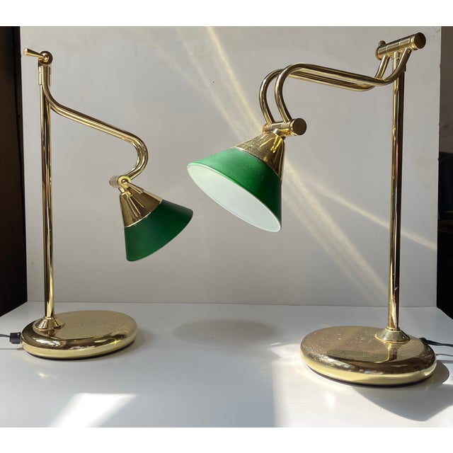 Vintage Scandinavian Bankers Desk Table Lamps in Brass and Green Glass, 1990s, Set of 2 For Sale - Image 12 of 12