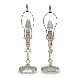 Antique English Regency Silver Plated Footed Candlestick Table Lamps - A Pair For Sale