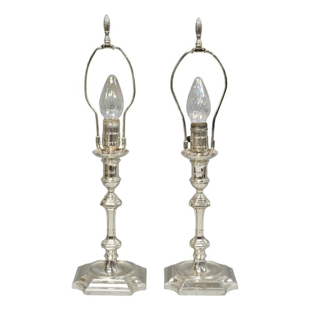 Antique English Regency Silver Plated Footed Candlestick Table Lamps - A Pair For Sale