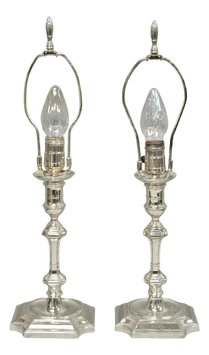 Antique English Regency Silver Plated Footed Candlestick Table Lamps - A Pair