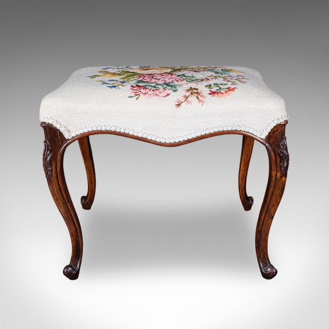 Antique Fireside Footstool, English, Needlepoint, Walnut, Stool, Early Victorian For Sale - Image 4 of 12