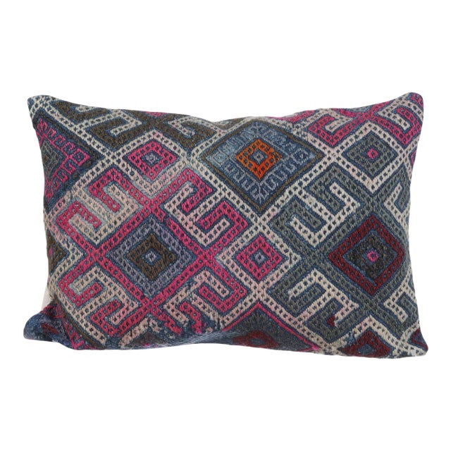 Embroidered Pink & Blue Kilim Pillow For Sale