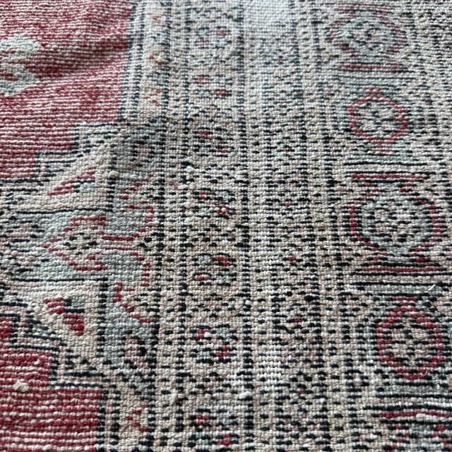 Size 48" x 63" x .13"h Main Colors: Red / Cream / Blue Handwoven vintage Turkish rug in rich crimson and warm cream,...