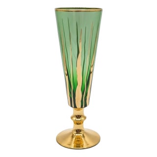 Mid-Century Murano Gláss Emerald Green and Gold Champagne Flutes. 1960s, Set of 6 For Sale
