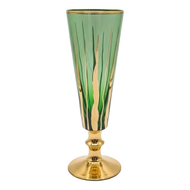 Mid-Century Murano Gláss Emerald Green and Gold Champagne Flutes. 1960s, Set of 6 For Sale