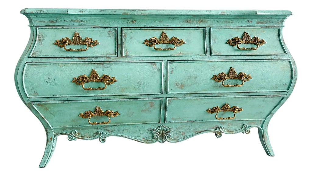 Hooker Furniture Turquoise Bombe Dresser – Hand Finished 7 Drawer French Provincial Chest, Ornate Gold Hardware