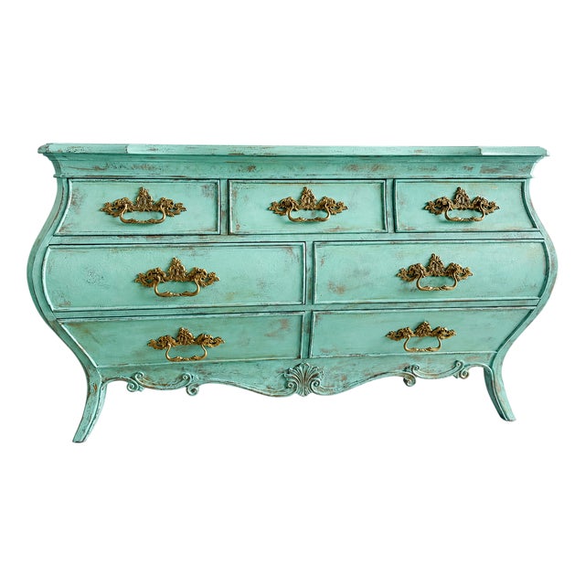 Hooker Furniture Turquoise Bombe Dresser – Hand Finished 7 Drawer French Provincial Chest, Ornate Gold Hardware For Sale
