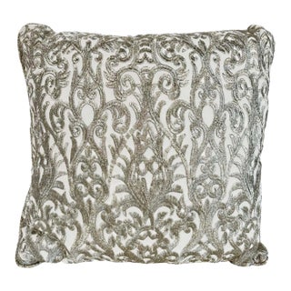 Turkish Ottoman Revival Silver Metallic Embroidered Linen Decorative Pillow For Sale