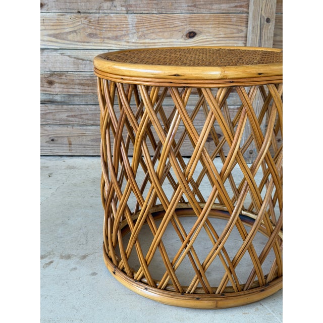 Vintage Boho Organic Modern Drum Form Rattan Side Table With Woven Top For Sale - Image 9 of 11