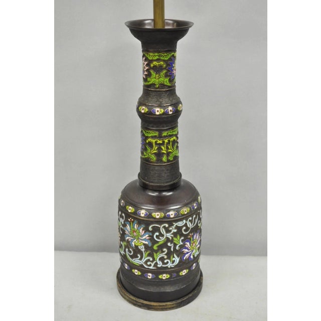 Antique Chinese Bronze Cloisonne Enameled Champleve Chinoiserie Table Lamp For Sale - Image 10 of 13