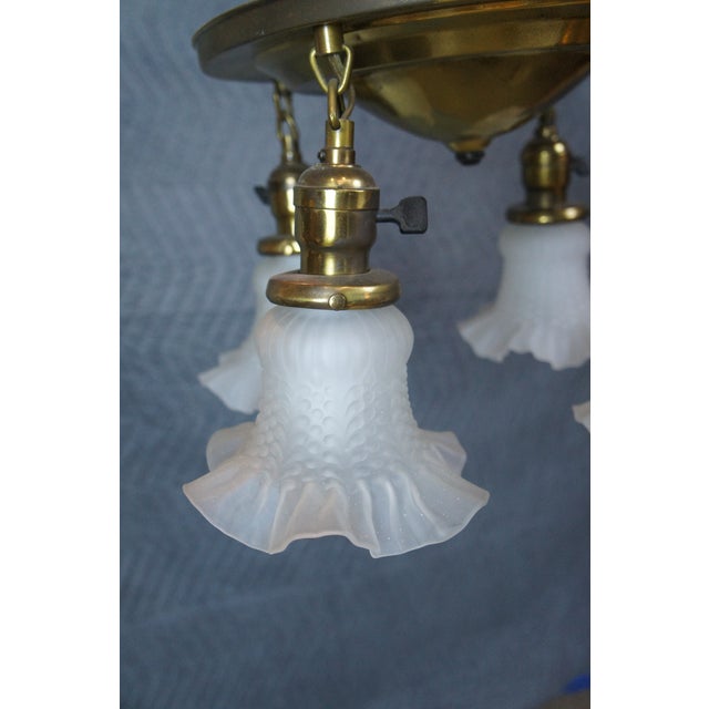 Antique Victorian Brass Ruffled Glass 4 Light Parlor Pendant Light Chandelier For Sale - Image 4 of 13