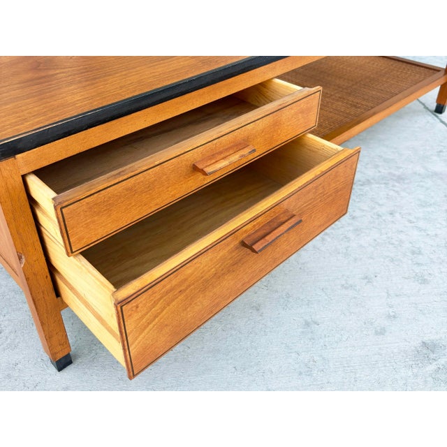 1960s Mid-Century Walnut Coffee Table With Four Drawers & Cane Shelf For Sale In Los Angeles - Image 6 of 10