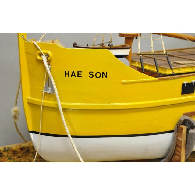 Late 20th Century Large 48" Vintage Wooden Fishing Vessel Model Ship Yellow Hull South Korean Flag For Sale - Image 5 of 18