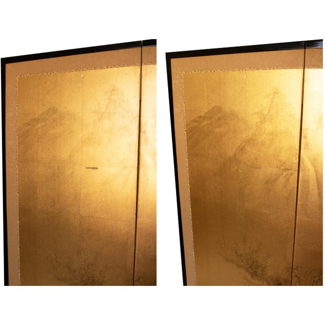 1960s Landscape With Bridge, Showa Era Japanese Painted Byobu Screen For Sale - Image 13 of 18