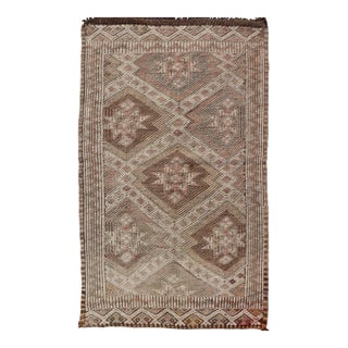Vintage Turkish Kilim Rug With Diamond Medallions in Taupe, Ivory, and Cocoa For Sale