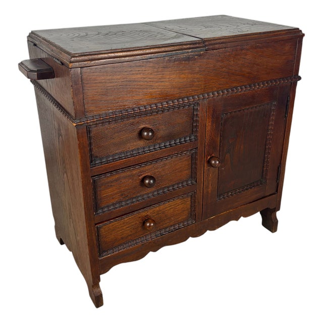 Spanish Oak Sewing Cabinet with Fabric Basket, Early 20th Century For Sale