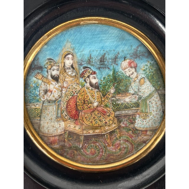 Indian Lot of Three 19th Century Indian Hand Painted Miniature Paintings Set in an Ebonized Frame For Sale - Image 3 of 4