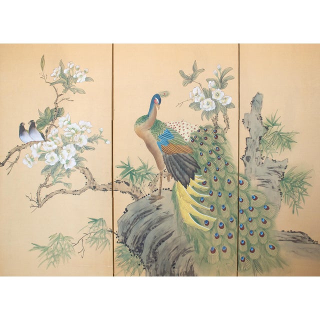 Circa 1970s Chinoiserie Style Painted Silk Screen "Peacock and Magnolia" For Sale - Image 13 of 18