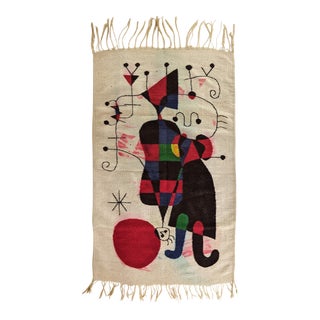 Vintage Joan Miro Inspired "People and Dog in Sun" Wool Tapestry Textile Art For Sale