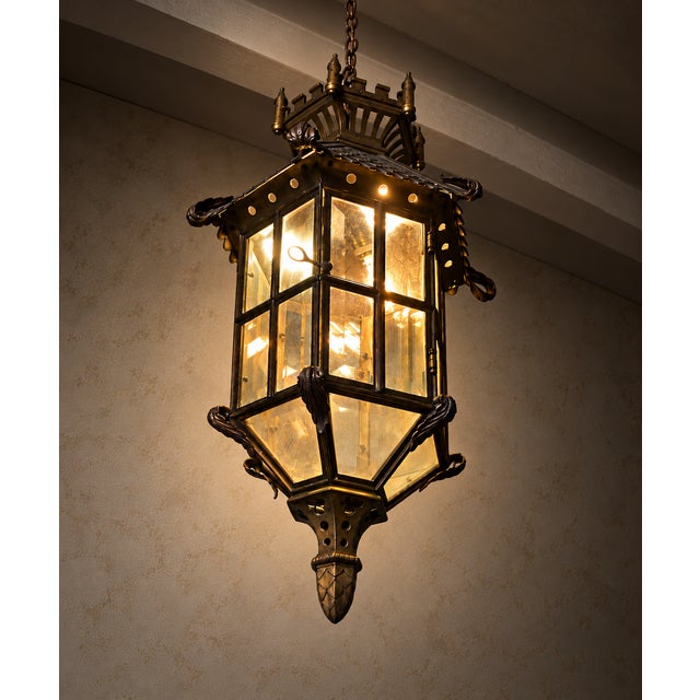 Gothic Revival Bronze Hanging Lantern with Castellated Crown, 1930s For Sale - Image 4 of 12