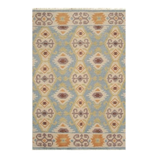 6x9 Freya Traditional Blue Geometric Modern Hand Knotted Wool Carpet Rug For Sale