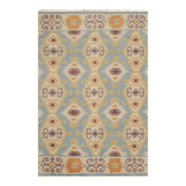 6x9 Freya Traditional Blue Geometric Modern Hand Knotted Wool Carpet Rug For Sale