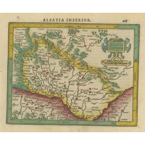 Small Antique Map of the Lower Alsace Region, Germany, 1610 For Sale - Image 3 of 6