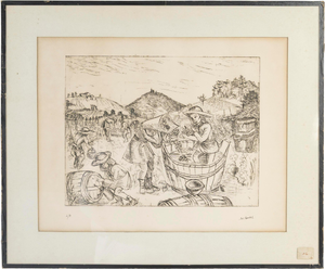E.V. Bouteil, The Grape Harvest, 20th Century, Engraving on Paper, Framed