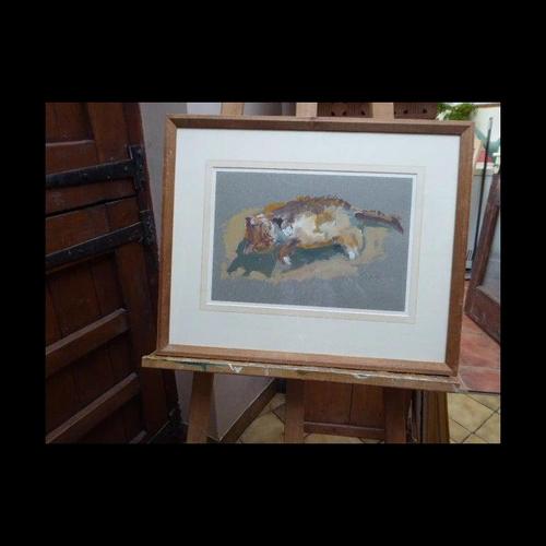 Caroline Duckworth King, Reclining Cat, Oil on Paper, circa 1970s Material: Oil on paper, glass and wood A charming oil on...