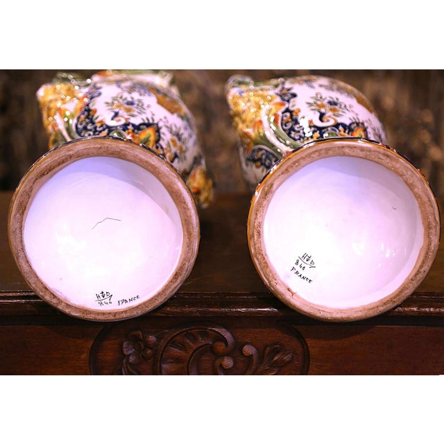 Pair of Early 20th Century French Hand Painted Faience Vases From Rouen For Sale - Image 9 of 9