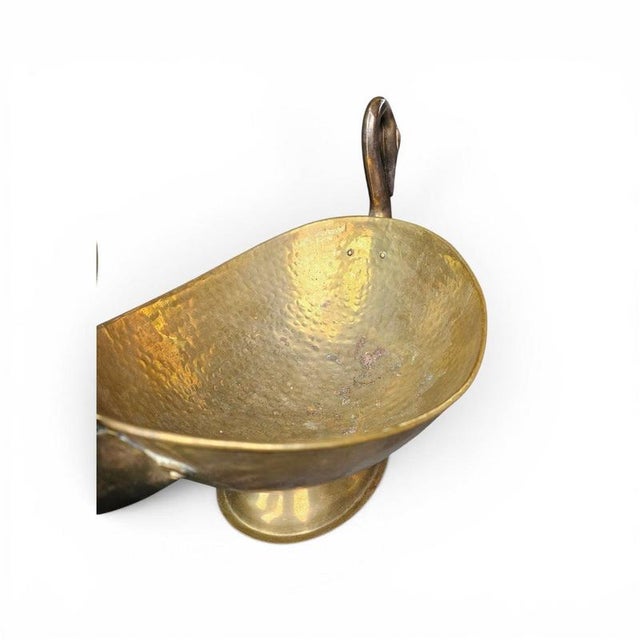 Oval Beaten Brass Dish with Swan Handles For Sale - Image 3 of 8