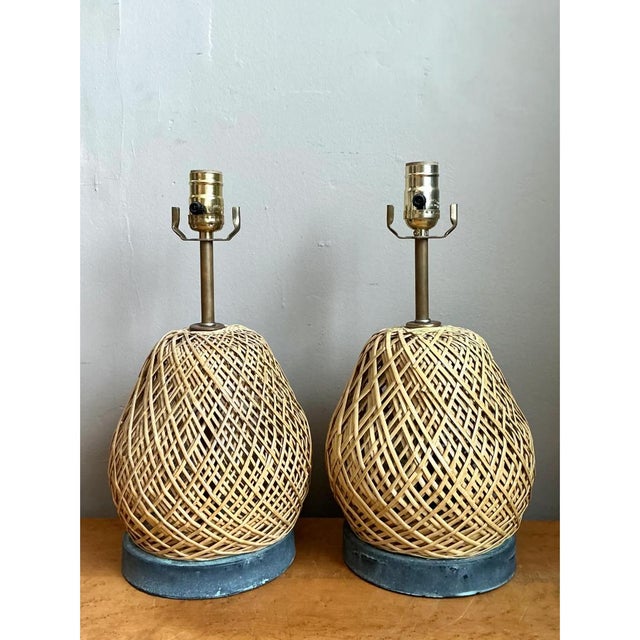 Vintage Rattan and Verdigris Metal Table Lamps - Pair For Sale - Image 12 of 12