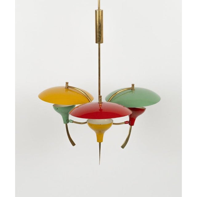 Mid-Century Modern Mid-Century Chandelier in Enamel Metal and Brass in the style of Stilnovo, Italy, 1950s For Sale - Image 3 of 17
