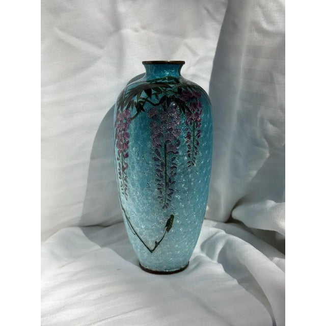 Japanese Cloisonne Enamel Vase Wisteria Ice Blue Ground 7 in Antique Meiji Era For Sale In New York - Image 6 of 14