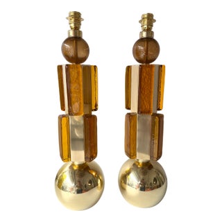 Contemporary Pair of Brass and Murano Glass Lamps, Italy For Sale