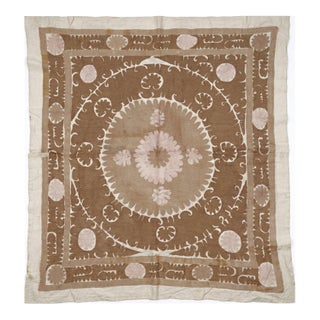 Suzani Embroidery Wall Decor — Neutral Tan Asian Embroidery For Sale