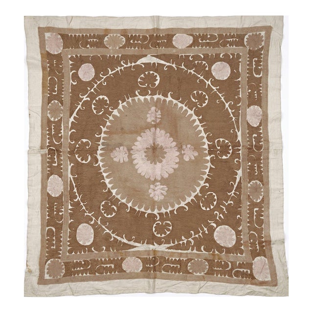 Suzani Embroidery Wall Decor — Neutral Tan Asian Embroidery For Sale