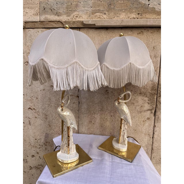 1970s Vintage Ceramic and Brass Flamingo Lamps, 1970, Set of 2 For Sale - Image 5 of 5