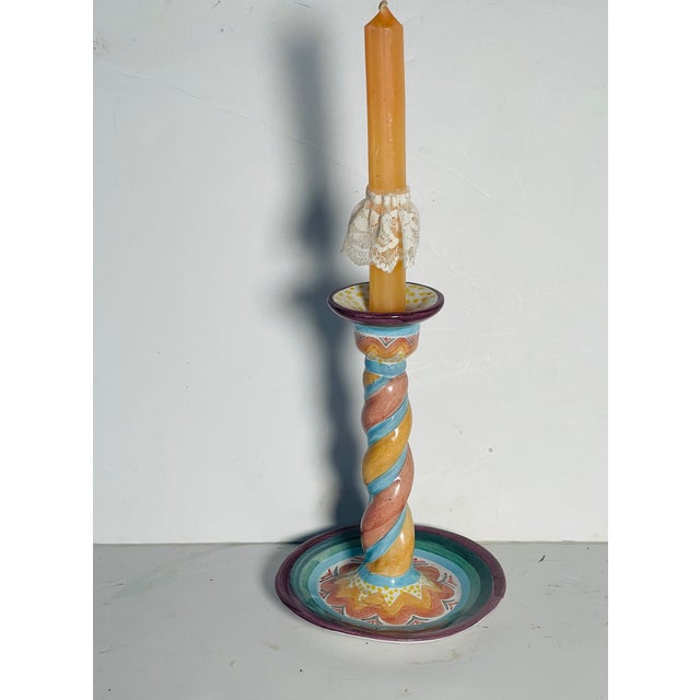Vintage MacKenzie and Childs Handpainted ceramic candlestick , stamped with original stamp.
