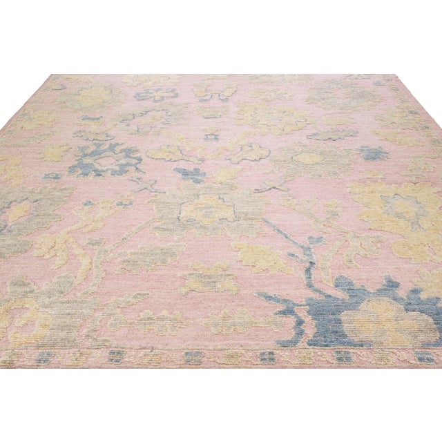 Modern Oushak Style Handmade Floral Motif Light Pink Wool Rug For Sale - Image 9 of 11