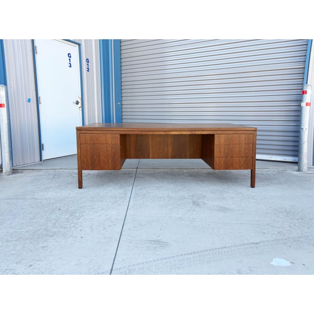✨ Mid-Century Modern Burlwood Executive Desk by Hiebert ✨ Make a bold statement in your office or workspace with this...