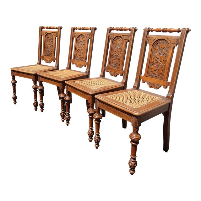 Set of Four Antique Jacobean Oak Cane Dining Chairs W Carved Backrests For Sale