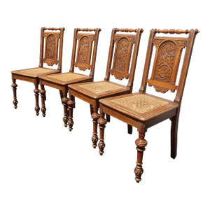 Set of Four Antique Jacobean Oak Cane Dining Chairs W Carved Backrests