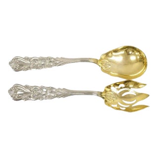 Vintage Italian Baroque Style Epns Silver & Gold Plated Serving Spoon and Fork Set For Sale