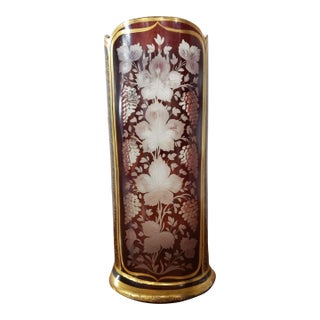 Circa 1880 Bohemian Gilded Ruby Cut to Clear Glass Grape Leaf & Cluster Motifs Cylindrical Vase For Sale