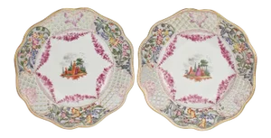 Antique Dresden Hand-Painted Reticulated Cabinet Plates - A Pair