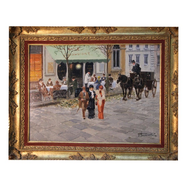 Francesco Tammaro, Paris Café Scene, 1980s, Oil Painting on Plywood, Framed For Sale